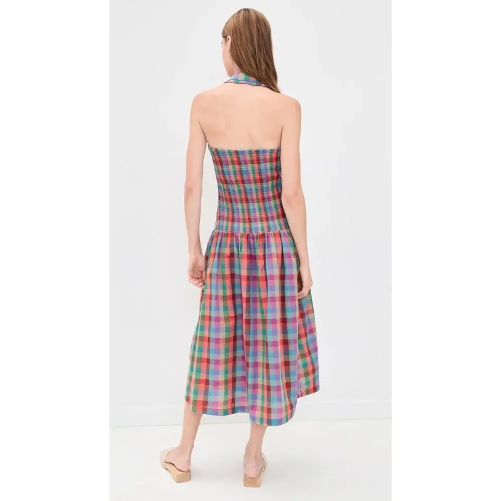 NWT Lisa Says Gah Vaughn Midi Dress Colorburst Plaid Halter Smocked Back L - Picture 3 of 11